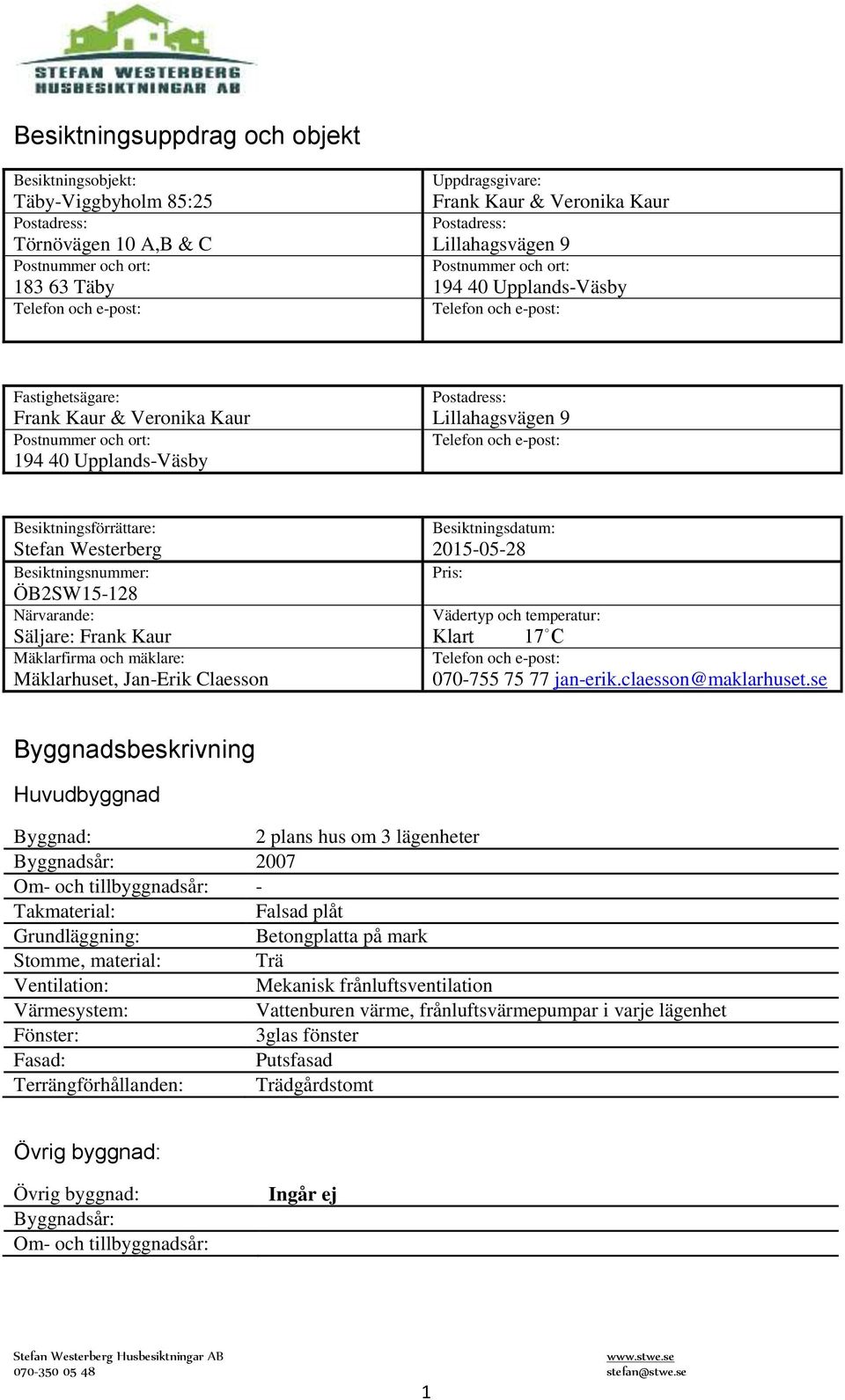 Lillahagsvägen 9 Telefon och e-post: Besiktningsförrättare: Stefan Westerberg Besiktningsnummer: ÖB2SW15-128 Närvarande: Säljare: Frank Kaur Mäklarfirma och mäklare: Mäklarhuset, Jan-Erik Claesson