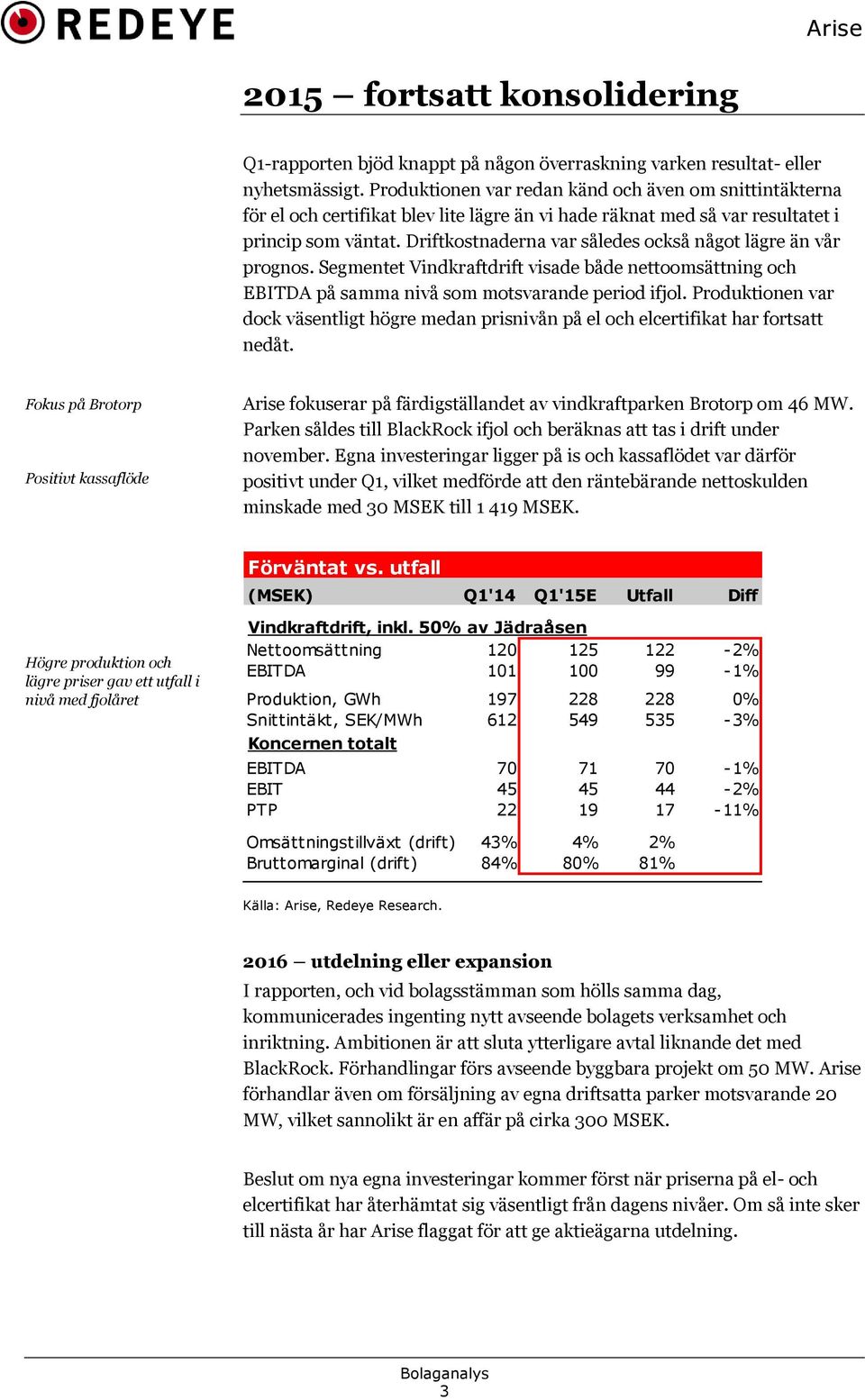 Driftkostnaderna var således också något lägre än vår prognos. Segmentet Vindkraftdrift visade både nettoomsättning och EBITDA på samma nivå som motsvarande period ifjol.