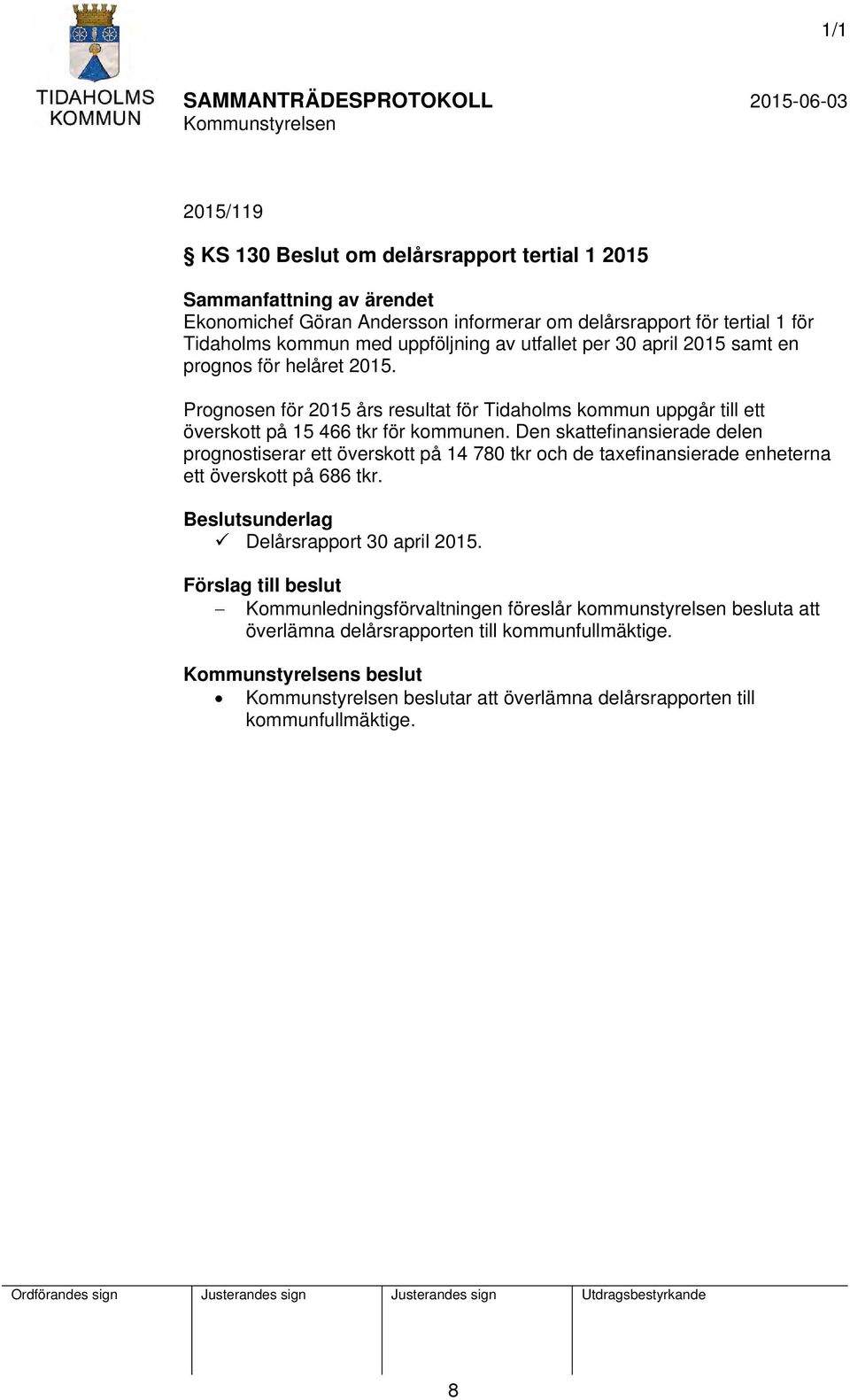 Den skattefinansierade delen prognostiserar ett överskott på 14 780 tkr och de taxefinansierade enheterna ett överskott på 686 tkr. Delårsrapport 30 april 2015.