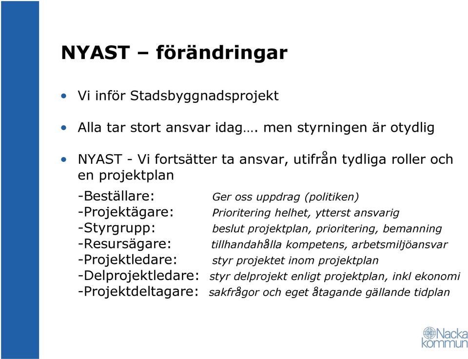 -Projektägare: Prioritering helhet, ytterst ansvarig -Styrgrupp: beslut projektplan, prioritering, bemanning -Resursägare: tillhandahålla
