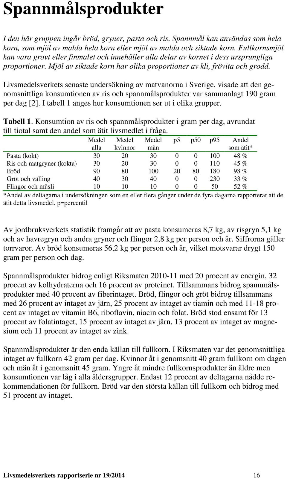 Livsmedelsverkets senaste undersökning av matvanorna i Sverige, visade att den genomsnittliga konsumtionen av ris och spannmålsprodukter var sammanlagt 190 gram per dag [2].