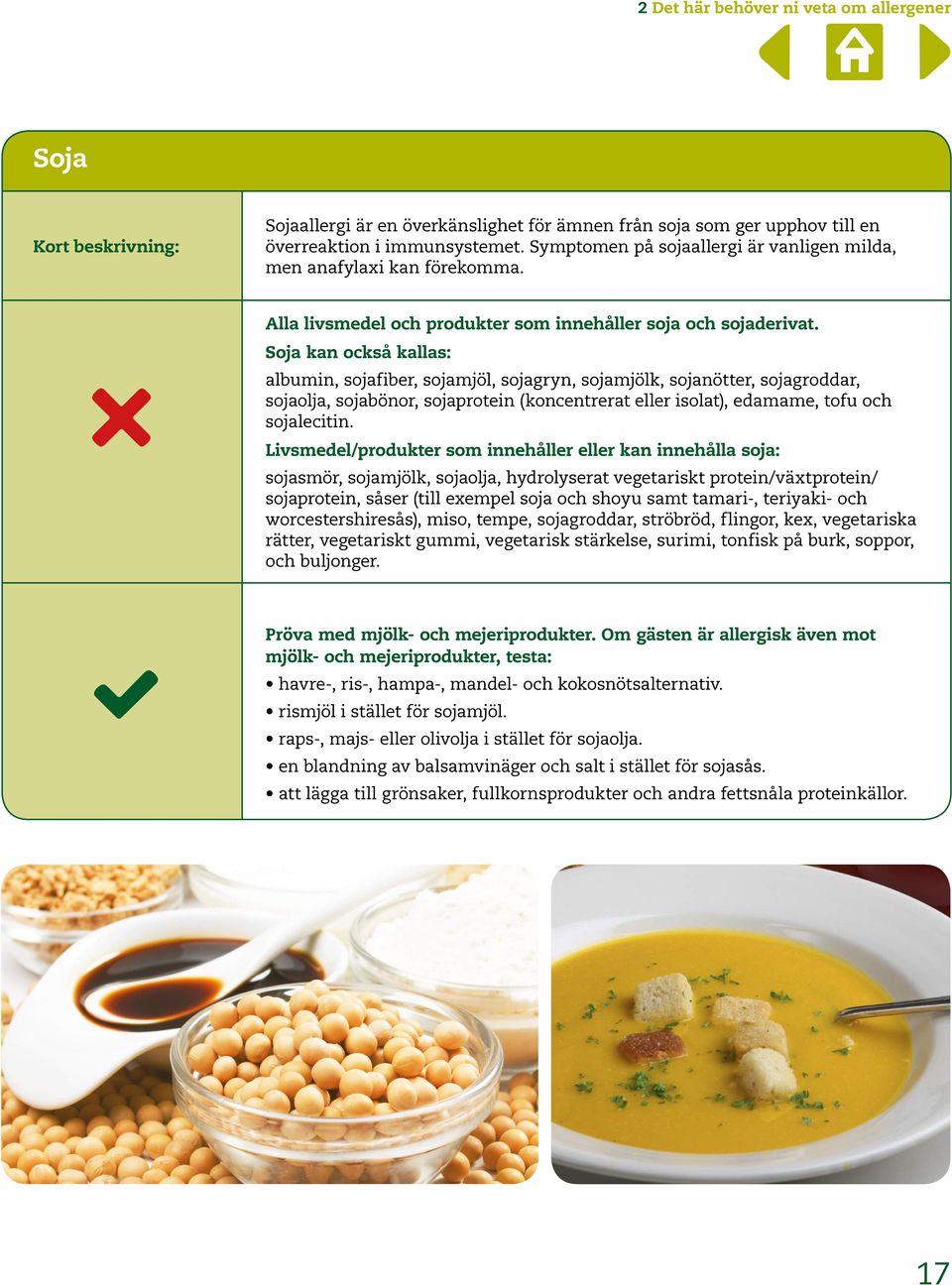 Soja kan också kallas: albumin, sojafiber, sojamjöl, sojagryn, sojamjölk, sojanötter, sojagroddar, sojaolja, sojabönor, sojaprotein (koncentrerat eller isolat), edamame, tofu och sojalecitin.