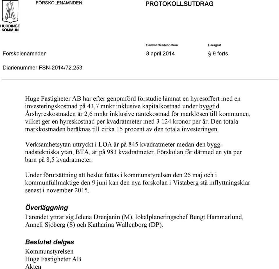 Årshyreskostnaden är 26 mnkr inklusive räntekostnad för marklösen till kommunen vilket ger en hyreskostnad per kvadratmeter med 3 24 kronor per år.