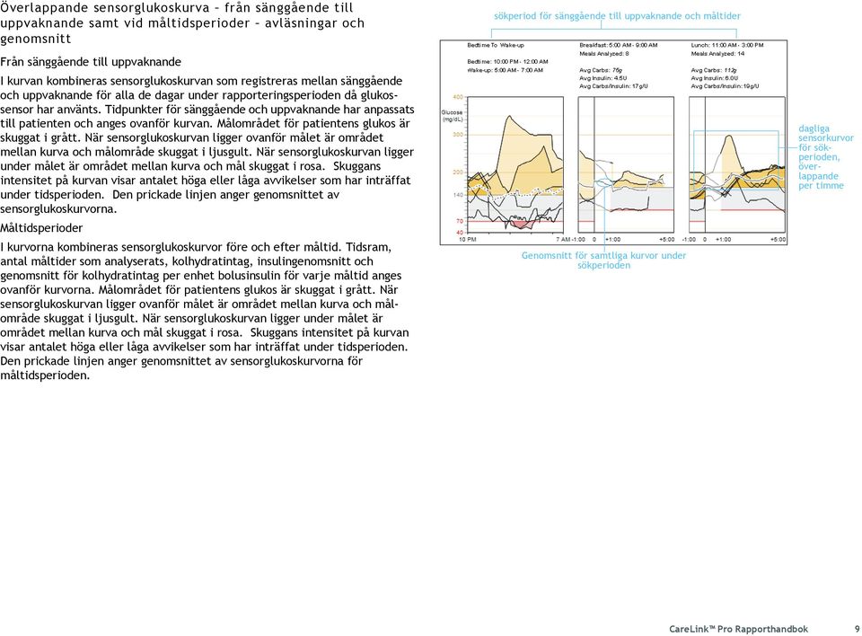 Tidpunkter för sänggående och uppvaknande har anpassats till patienten och anges ovanför kurvan. Målområdet för patientens glukos är skuggat i grått.