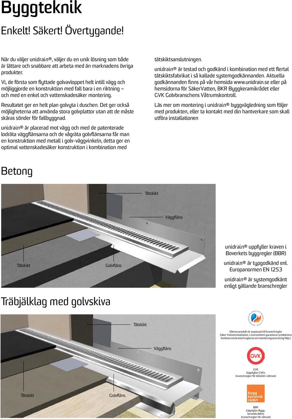 Resultatet ger en helt plan golvyta i duschen. Det ger också möjligheterna att använda stora golvplattor utan att de måste skäras sönder för fallbyggnad.