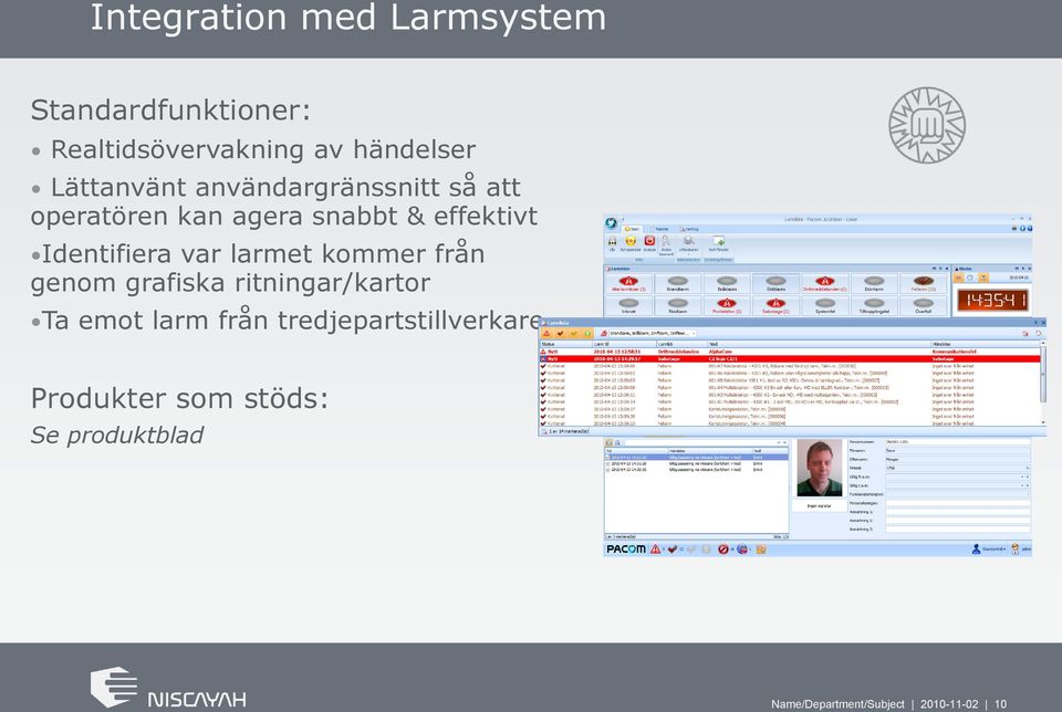 Identifiera var larmet kommer från genom grafiska ritningar/kartor Ta emot larm från