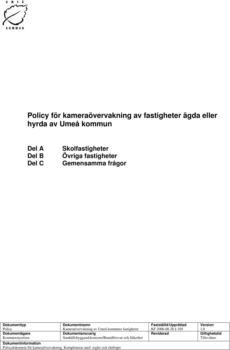 fastigheter Dokumentansvarig Samhällsbyggandskontoret/Brandförsvar och Säkerhet Dokumentinformation Policydokument för