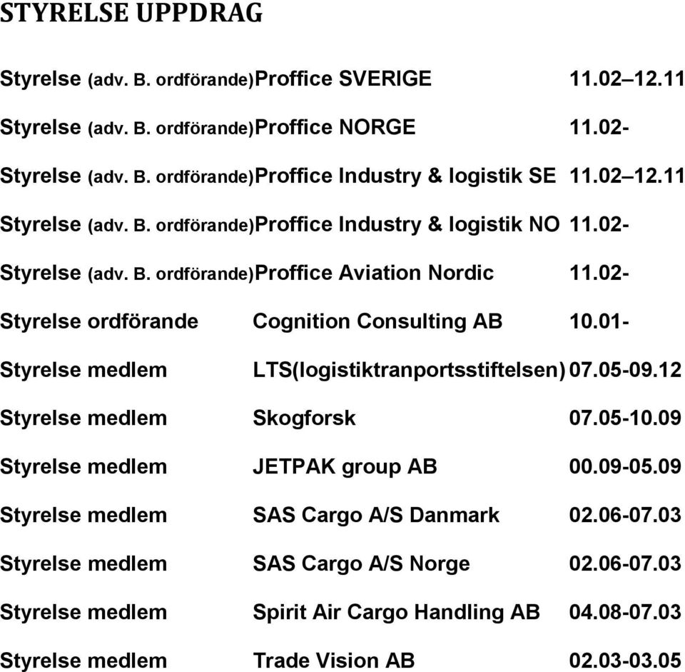 02- Styrelse ordförande Cognition Consulting AB 10.01- Styrelse medlem LTS(logistiktranportsstiftelsen) 07.05-09.12 Styrelse medlem Skogforsk 07.05-10.