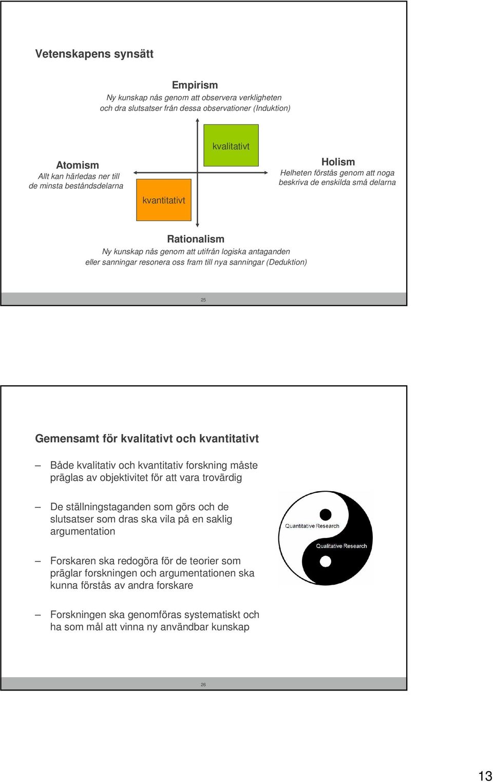 nya sanningar (Deduktion) 25 Gemensamt för kvalitativt och kvantitativt Både kvalitativ och kvantitativ forskning måste präglas av objektivitet för att vara trovärdig De ställningstaganden som görs