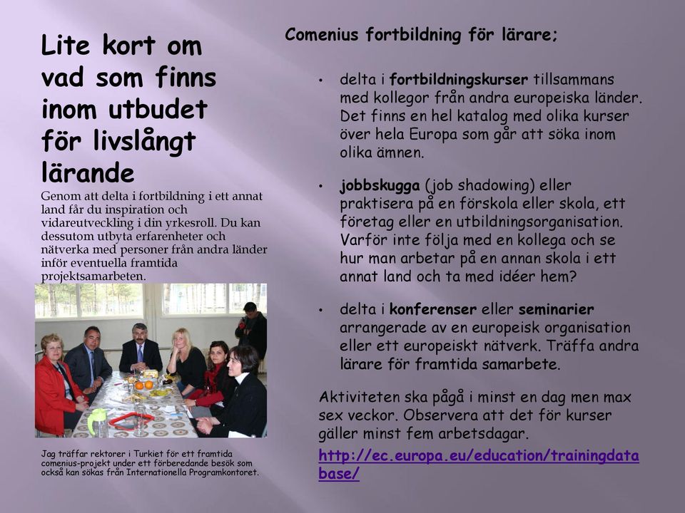 Comenius fortbildning för lärare; delta i fortbildningskurser tillsammans med kollegor från andra europeiska länder.