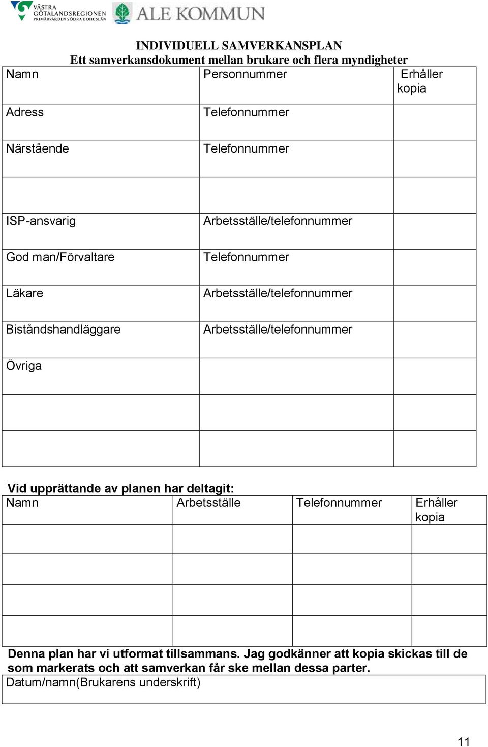 Biståndshandläggare Arbetsställe/telefonnummer Övriga Vid upprättande av planen har deltagit: Namn Arbetsställe Telefonnummer Erhåller kopia Denna