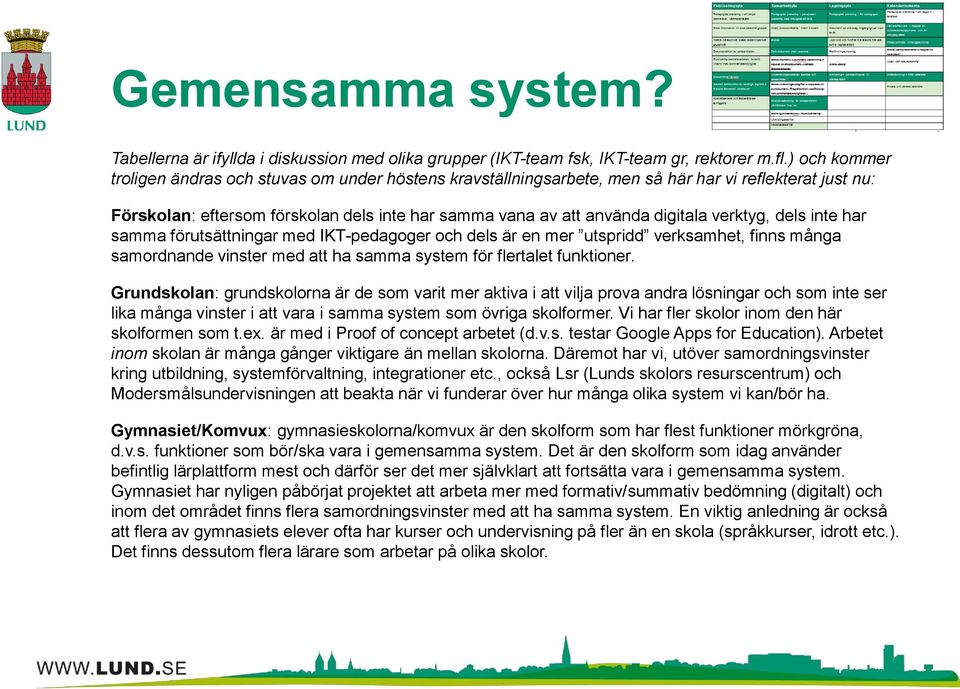 verktyg, dels inte har samma förutsättningar med IKT-pedagoger och dels är en mer utspridd verksamhet, finns många samordnande vinster med att ha samma system för flertalet funktioner.