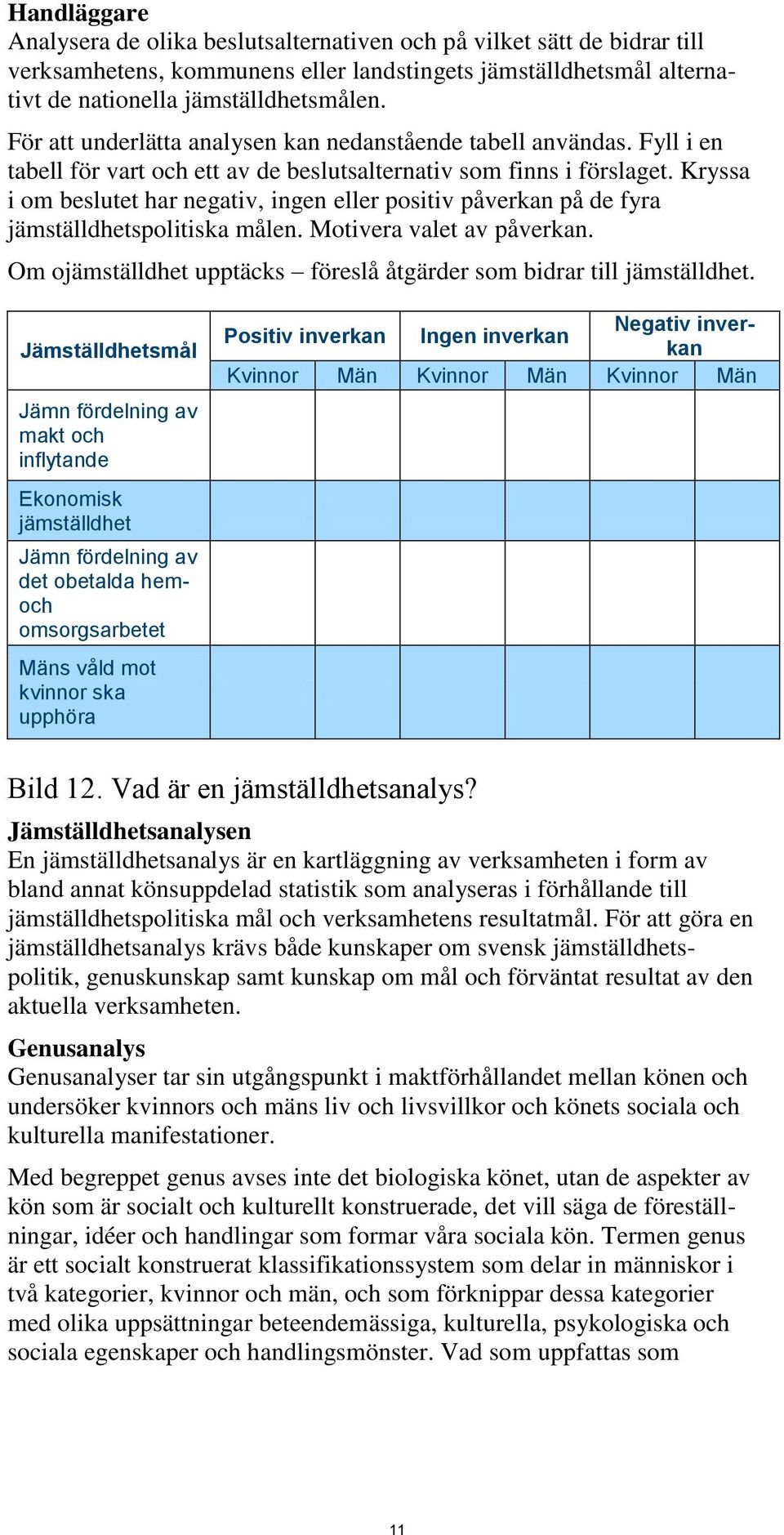 Kryssa i om beslutet har negativ, ingen eller positiv påverkan på de fyra jämställdhetspolitiska målen. Motivera valet av påverkan.