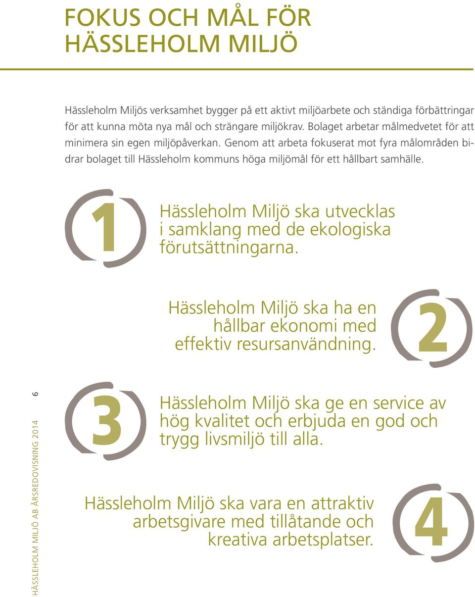 Genom att arbeta fokuserat mot fyra målområden bidrar bolaget till Hässleholm kommuns höga miljömål för ett hållbart samhälle.