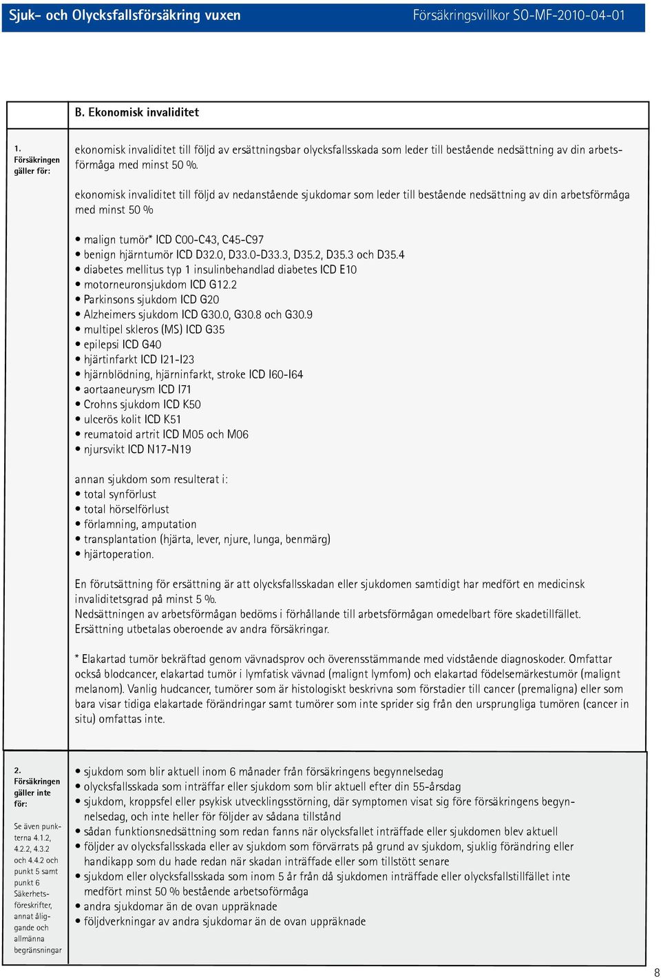 0-D33.3, D35.2, D35.3 och D35.4 diabetes mellitus typ 1 insulinbehandlad diabetes ICD E10 motorneuronsjukdom ICD G12.2 Parkinsons sjukdom ICD G20 Alzheimers sjukdom ICD G30.0, G30.8 och G30.