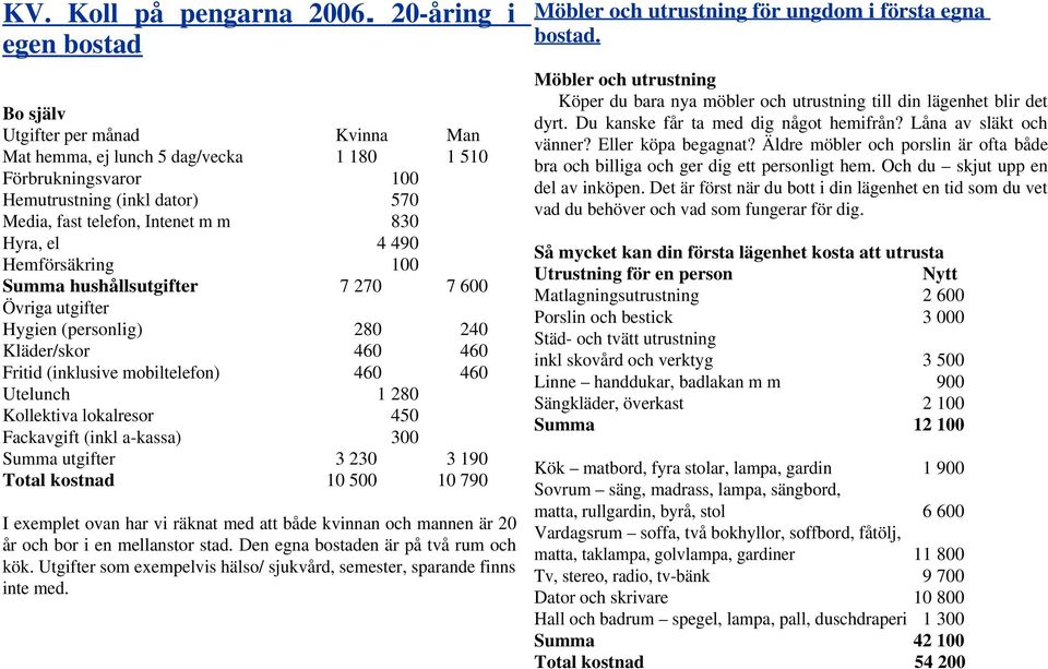 Hyra, el 4 490 Hemförsäkring 100 Summa hushållsutgifter 7 270 7 600 Övriga utgifter Hygien (personlig) 280 240 Kläder/skor 460 460 Fritid (inklusive mobiltelefon) 460 460 Utelunch 1 280 Kollektiva