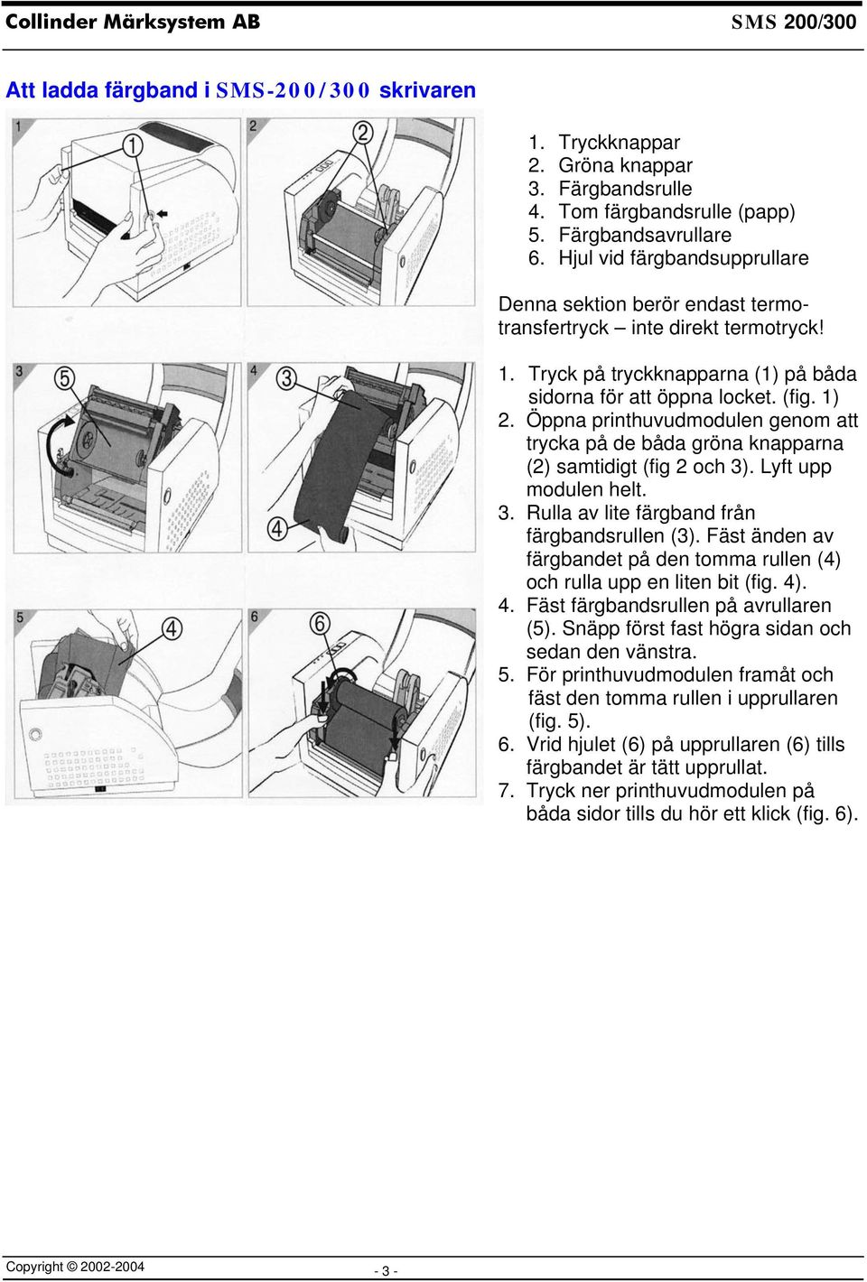 Öppna printhuvudmodulen genom att trycka på de båda gröna knapparna (2) samtidigt (fig 2 och 3). Lyft upp modulen helt. 3. Rulla av lite färgband från färgbandsrullen (3).