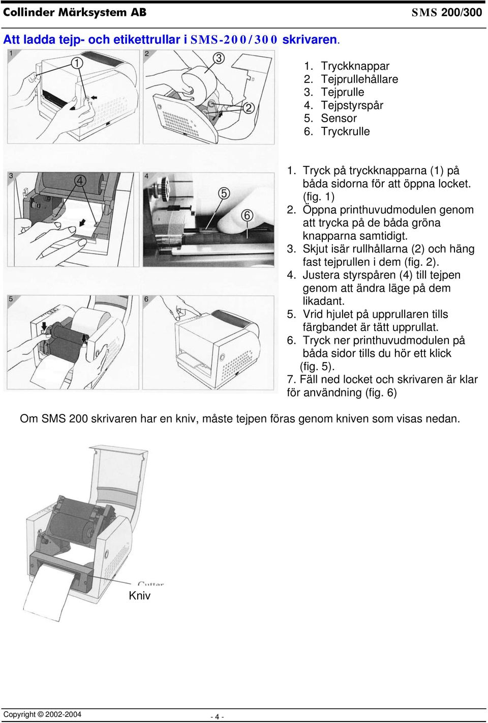 Skjut isär rullhållarna (2) och häng fast tejprullen i dem (fig. 2). 4. Justera styrspåren (4) till tejpen genom att ändra läge på dem likadant. 5.