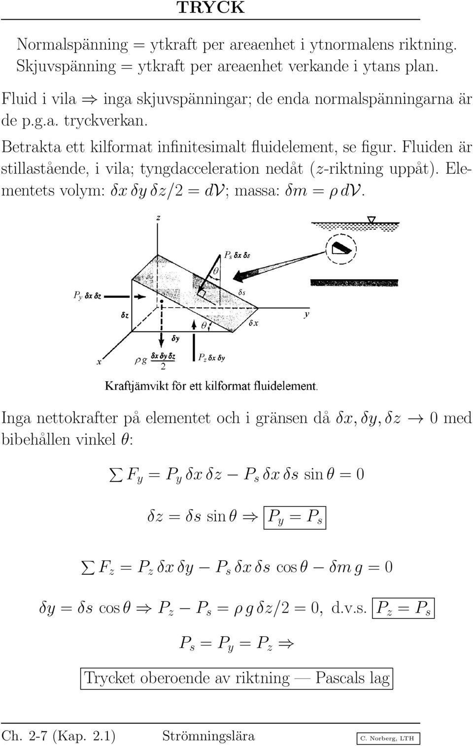 Fluiden är stillastående, i vila; tyngdacceleration nedåt (z-riktning uppåt). Elementets volym: δxδyδz/2 = dv; massa: δm = ρdv.