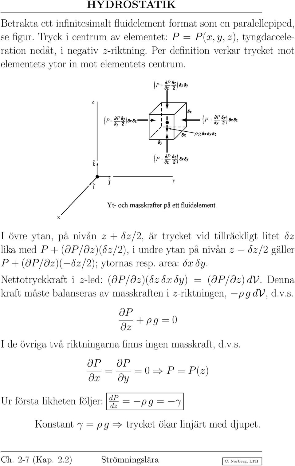 I övre ytan, på nivån z + δz/2, är trycket vid tillräckligt litet δz lika med P +( P/ z)(δz/2), i undre ytan på nivån z δz/2 gäller P +( P/ z)( δz/2); ytornas resp. area: δx δy.