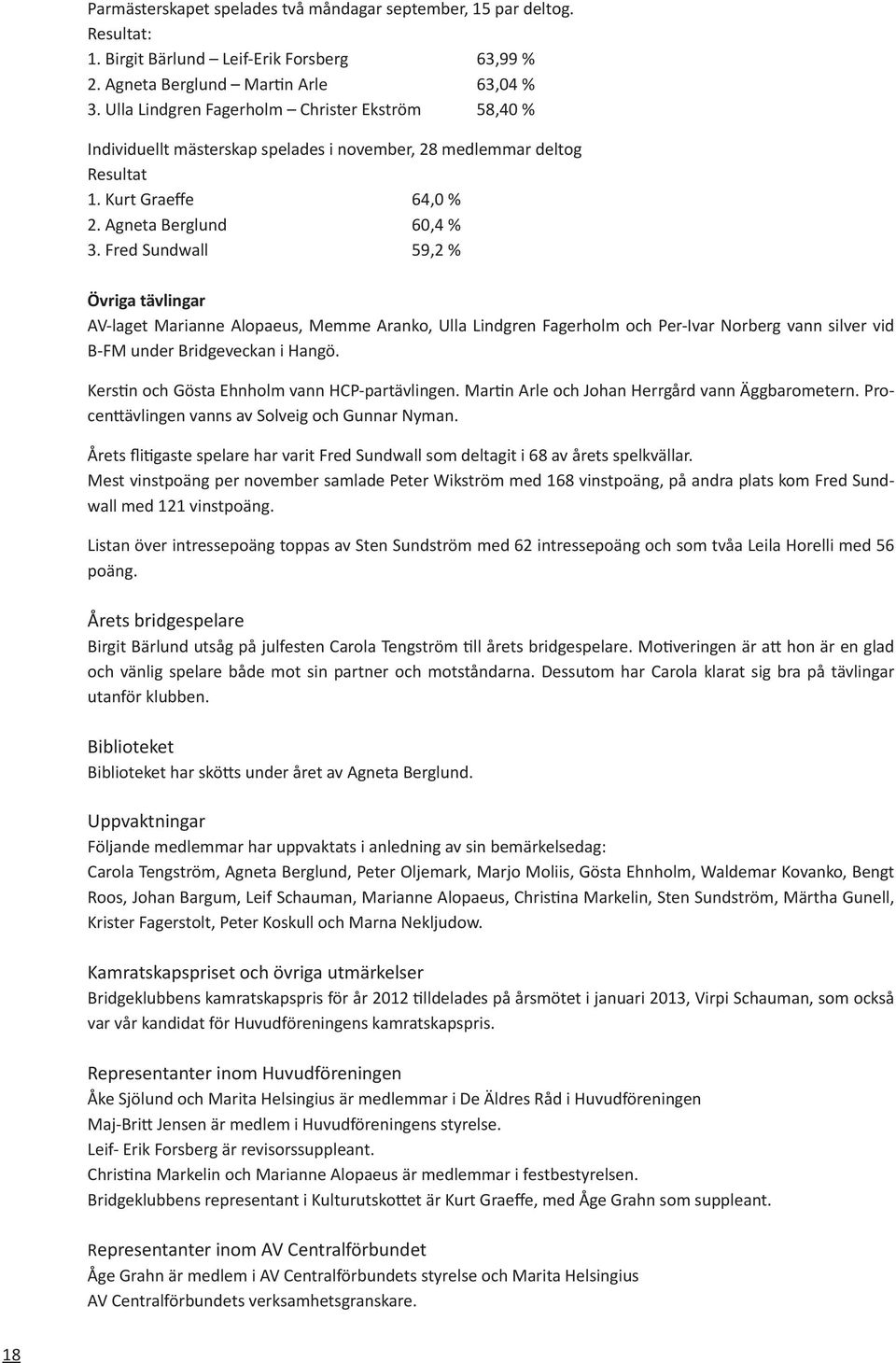 Fred Sundwall 59,2 % Övriga tävlingar AV-laget Marianne Alopaeus, Memme Aranko, Ulla Lindgren Fagerholm och Per-Ivar Norberg vann silver vid B-FM under Bridgeveckan i Hangö.