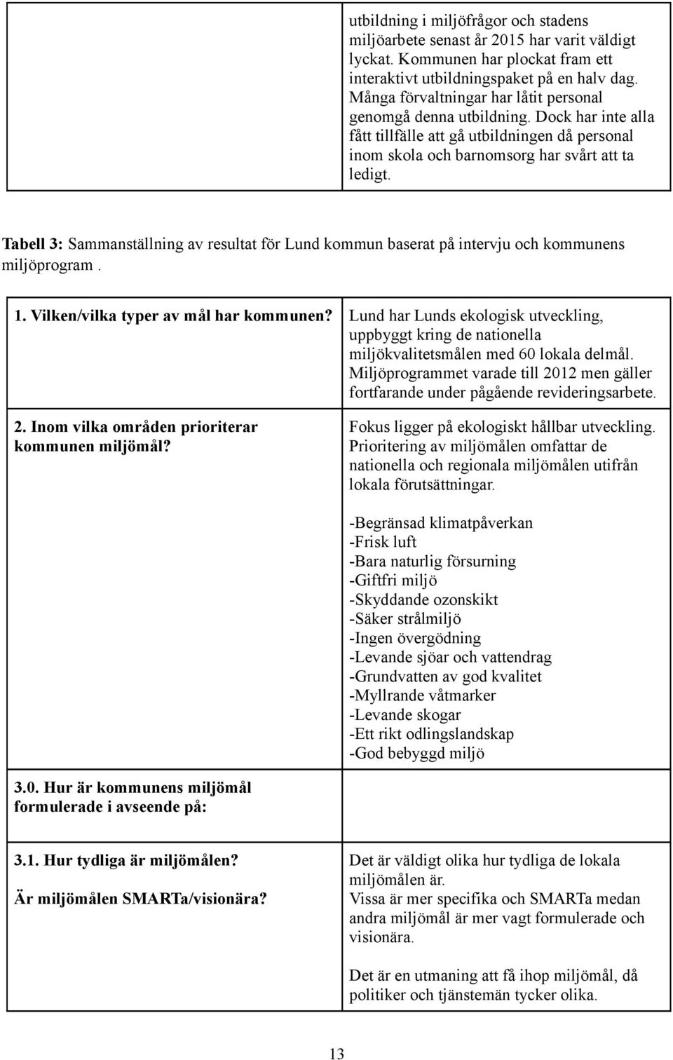 Tabell 3: Sammansällning av resula för Lund kommun basera på inervju och kommunens miljöprogram. 1. Vilken/vilka yper av mål har kommunen?
