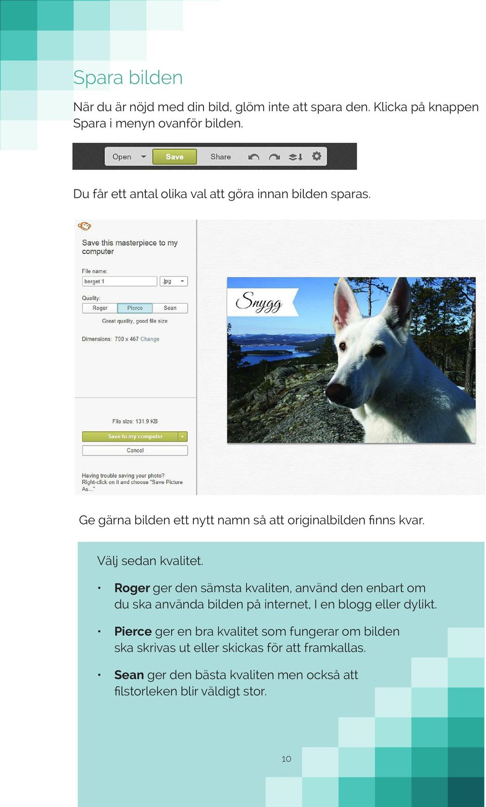 Välj sedan kvalitet. Roger ger den sämsta kvaliten, använd den enbart om du ska använda bilden på internet, I en blogg eller dylikt.