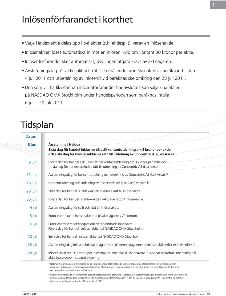 Avstämningsdag för aktiesplit och rätt till erhållande av inlösenaktie är beräknad till den 4 juli 2011 och utbetalning av inlösenlikvid beräknas ske omkring den 28 juli 2011.