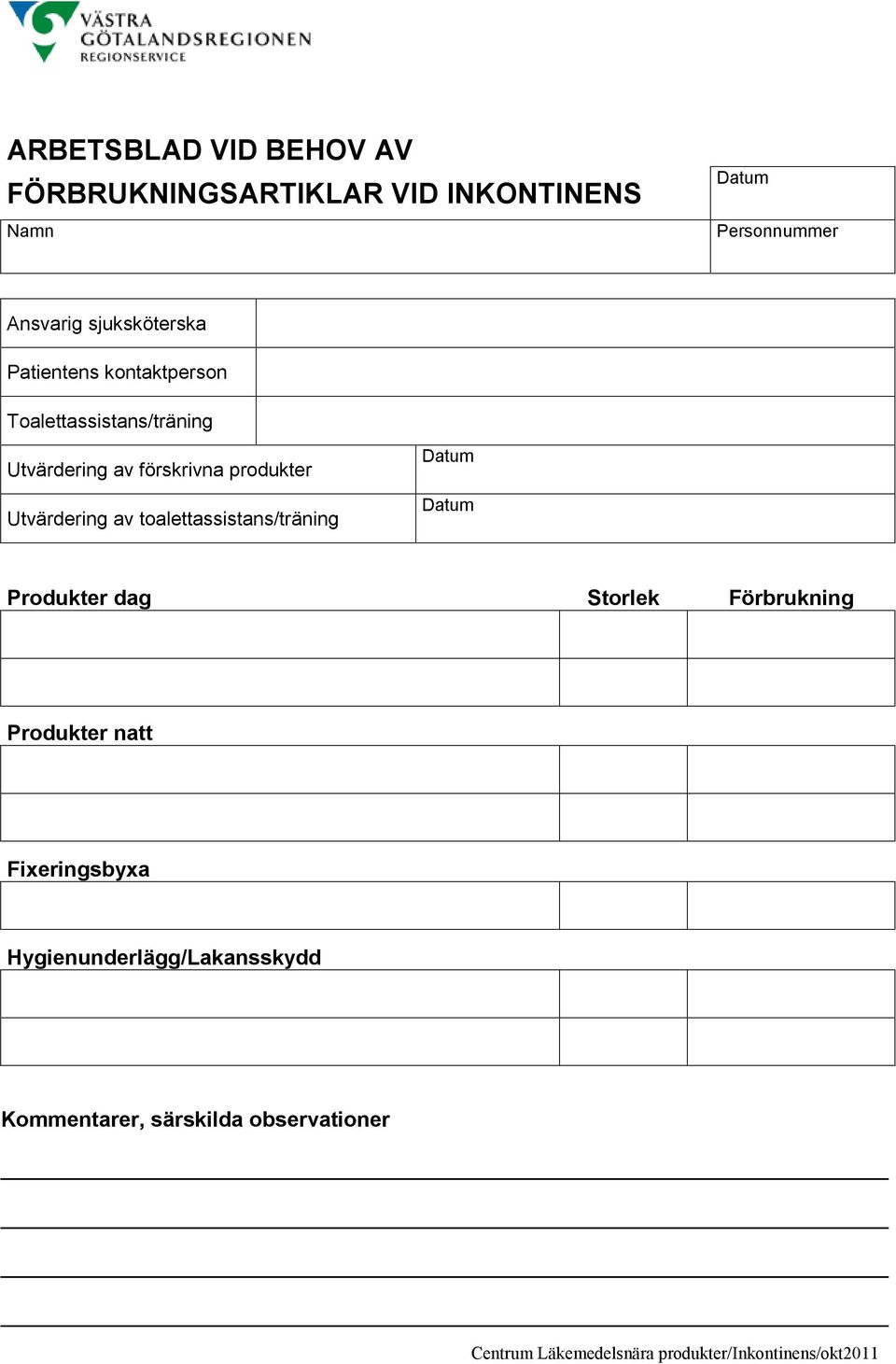 toalettassistans/träning Produkter dag Storlek Förbrukning Produkter natt Fixeringsbyxa