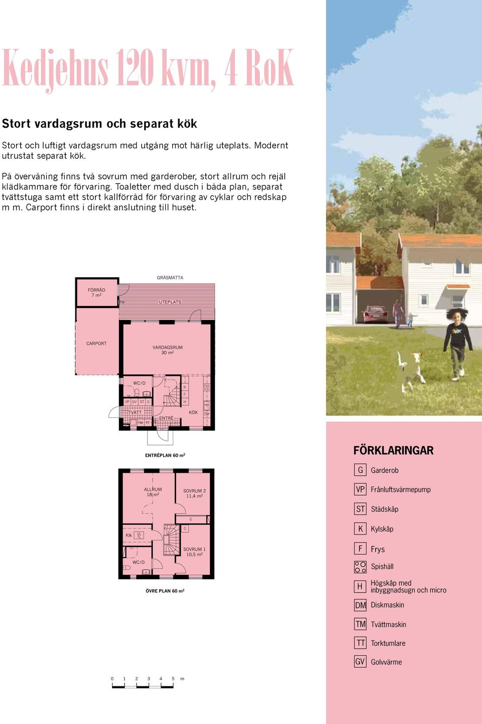 Toaletter med dusch i båda plan, separat tvättstuga samt ett stort kallförråd för förvaring av cyklar och redskap m m. Carport finns i direkt anslutning till huset.