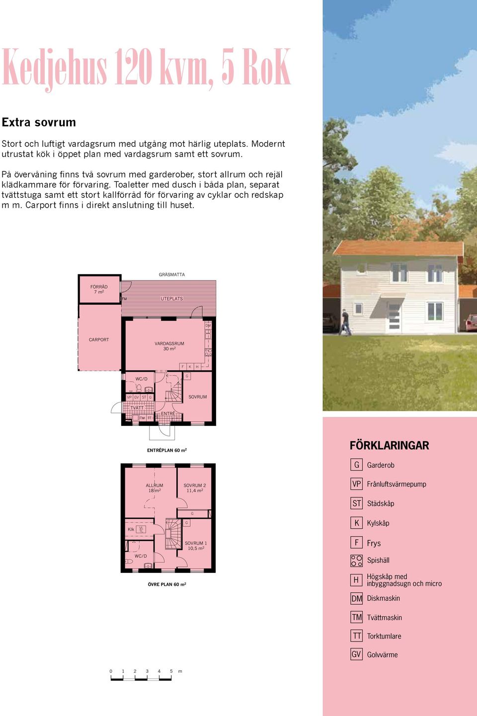 Toaletter med dusch i båda plan, separat tvättstuga samt ett stort kallförråd för förvaring av cyklar och redskap m m. Carport finns i direkt anslutning till huset.