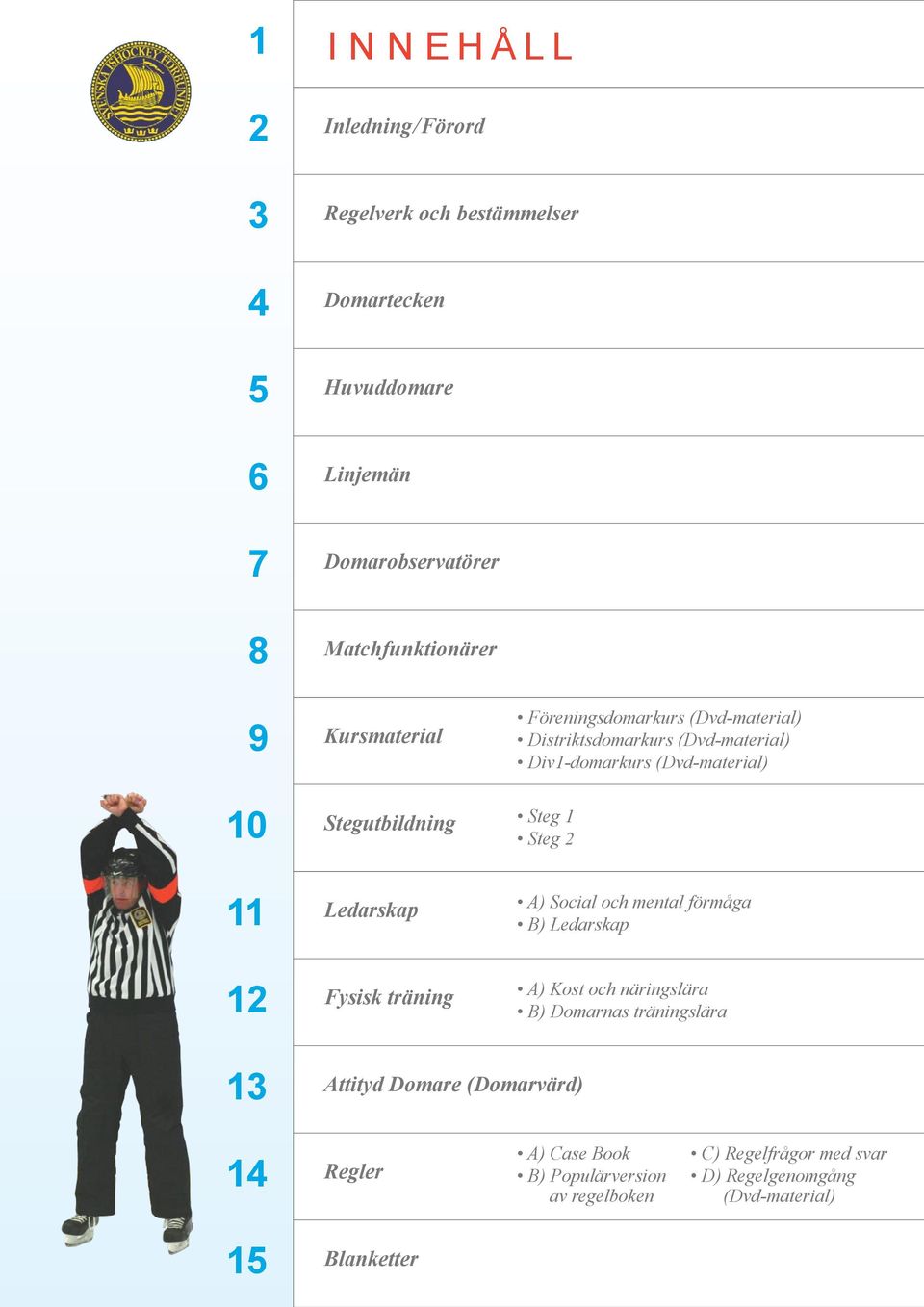 (Dvd-material) Steg 1 Steg 2 11 Ledarskap A) Social och mental förmåga B) Ledarskap 12 Fysisk träning A) Kost och näringslära B) Domarnas