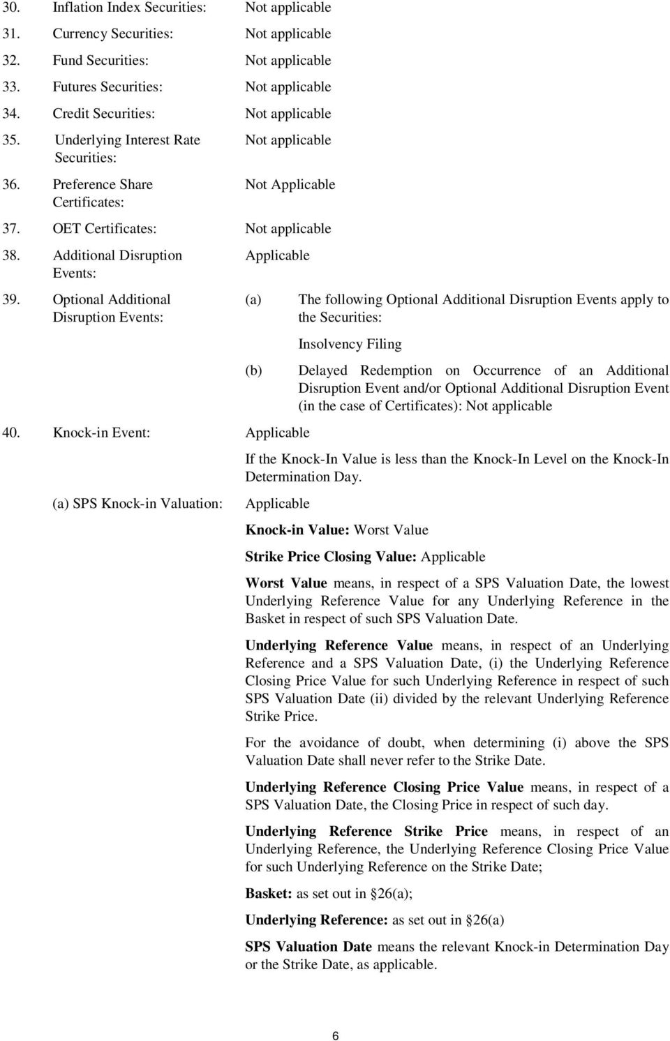 Knock-in Event: Applicable (a) SPS Knock-in Valuation: The following Optional Additional Disruption Events apply to the Securities: Insolvency Filing Delayed Redemption on Occurrence of an Additional