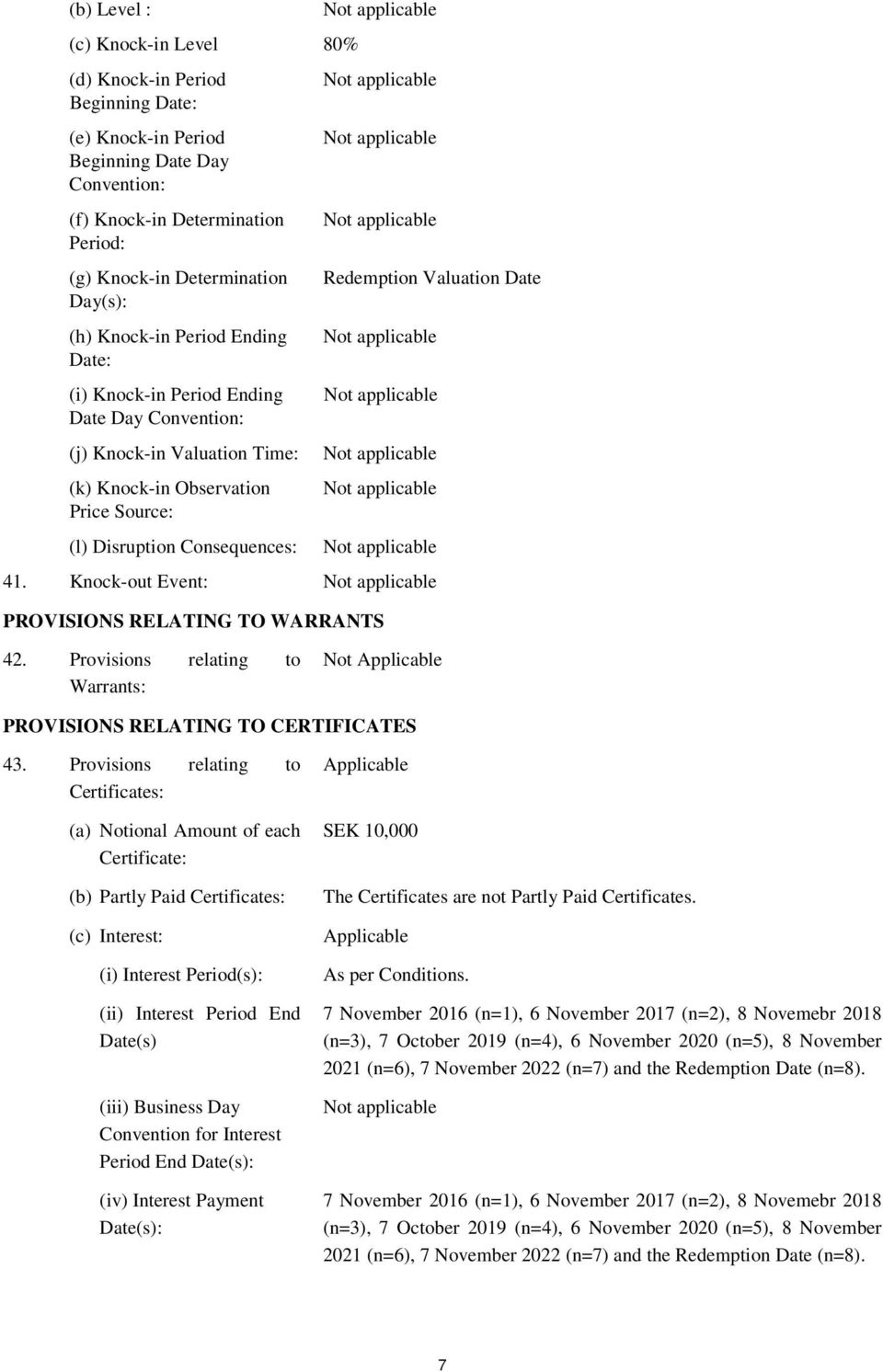 41. Knock-out Event: PROVISIONS RELATING TO WARRANTS 42. Provisions relating to Warrants: Not Applicable PROVISIONS RELATING TO CERTIFICATES 43.