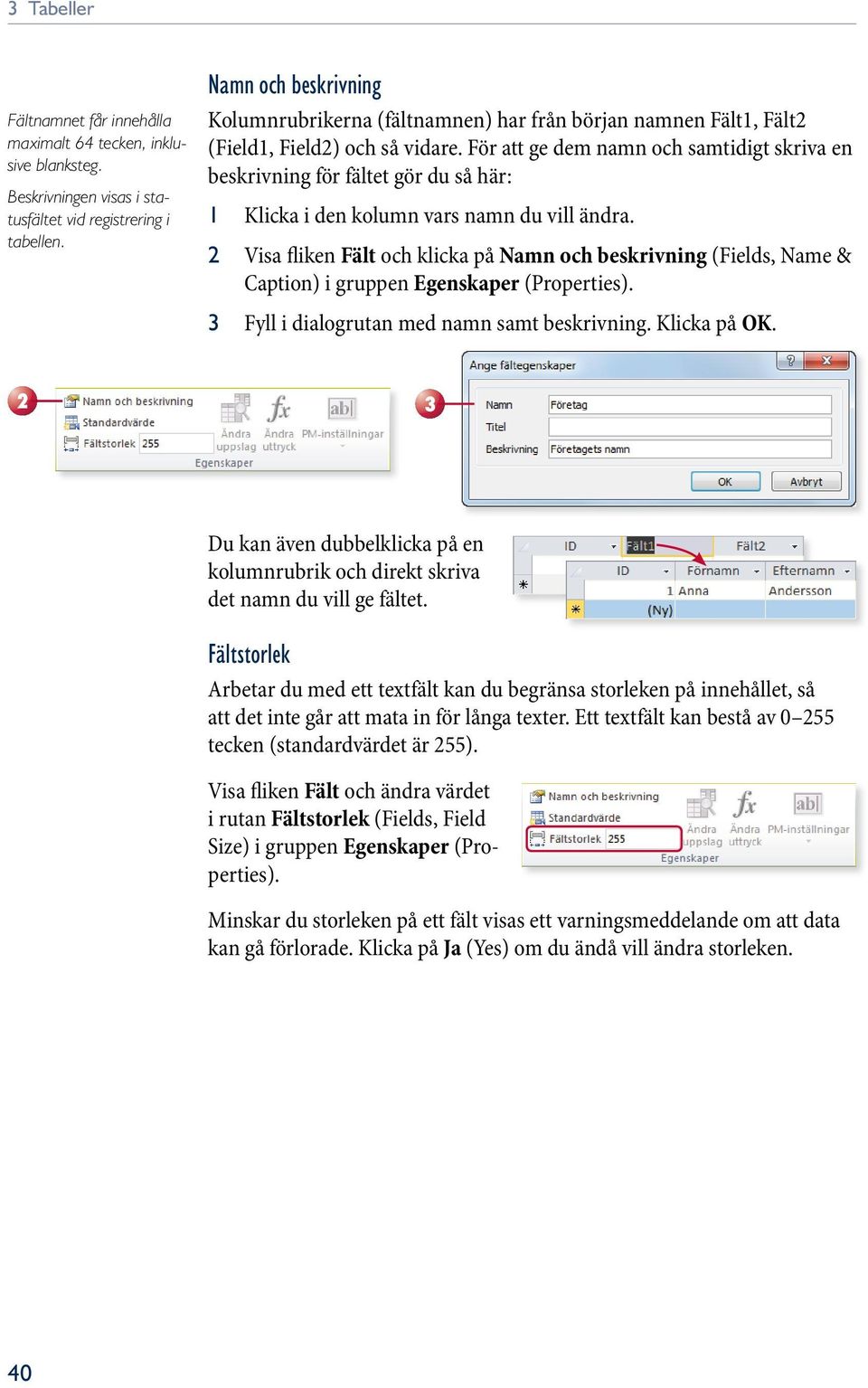 För att ge dem namn och samtidigt skriva en beskrivning för fältet gör du så här: 1 Klicka i den kolumn vars namn du vill ändra.