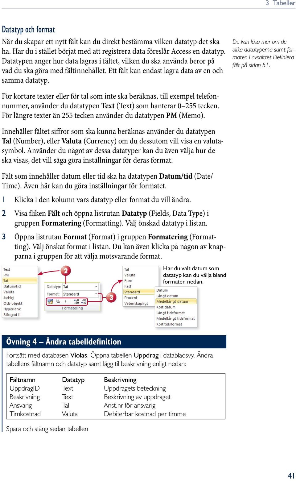 Du kan läsa mer om de olika datatyperna samt formaten i avsnittet Defi niera fält på sidan 51.