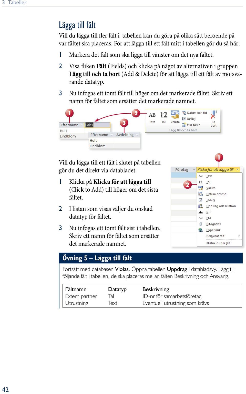 2 Visa fliken Fält (Fields) och klicka på något av alternativen i gruppen Lägg till och ta bort (Add & Delete) för att lägga till ett fält av motsvarande datatyp.