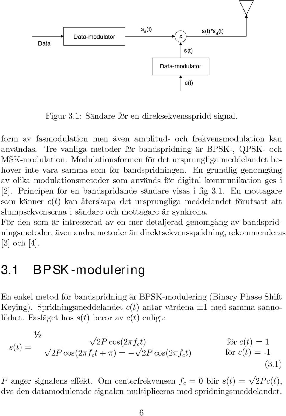 En grundlig genomgång av olika modulationsmetoder som används för digital kommunikation ges i [2]. Principen för en bandspridande sändare visas i Þg 3.1.