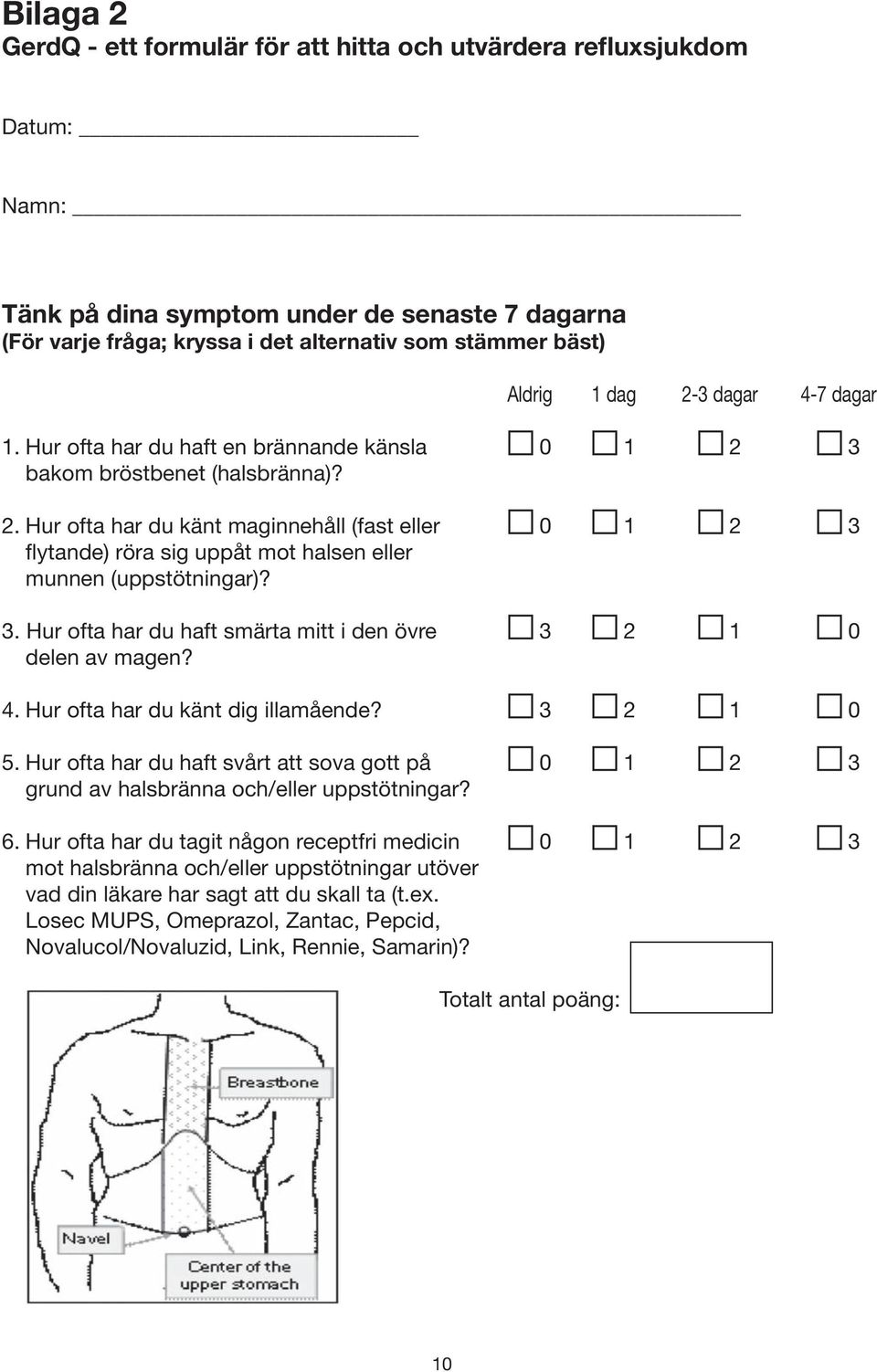 3. Hur ofta har du haft smärta mitt i den övre 3 2 1 0 delen av magen? 4. Hur ofta har du känt dig illamående? 3 2 1 0 5.