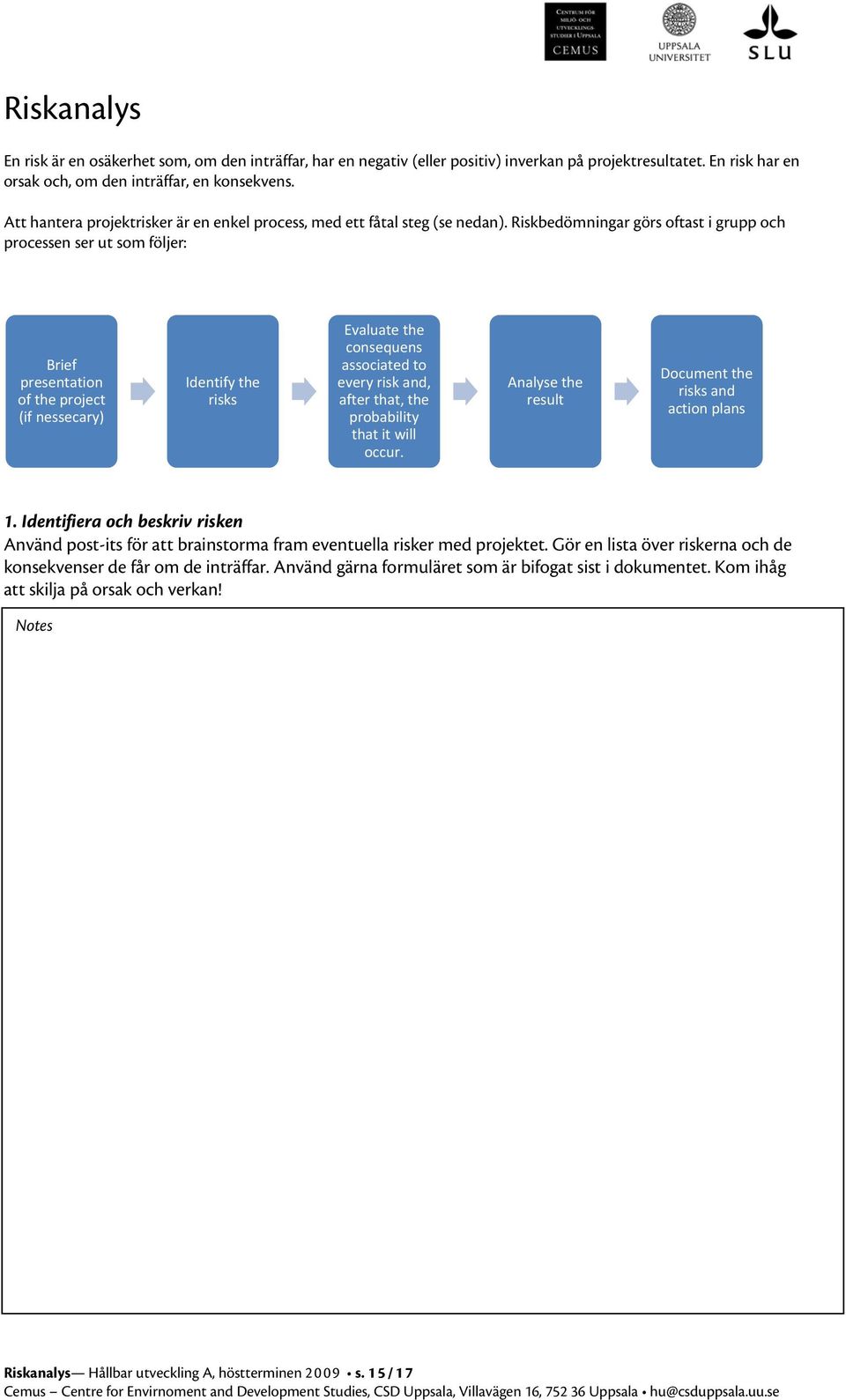 Riskbedömningar görs oftast i grupp och processen ser ut som följer: Brief presentation of the project (if nessecary) Identify the risks Evaluate the consequens associated to every risk and, after