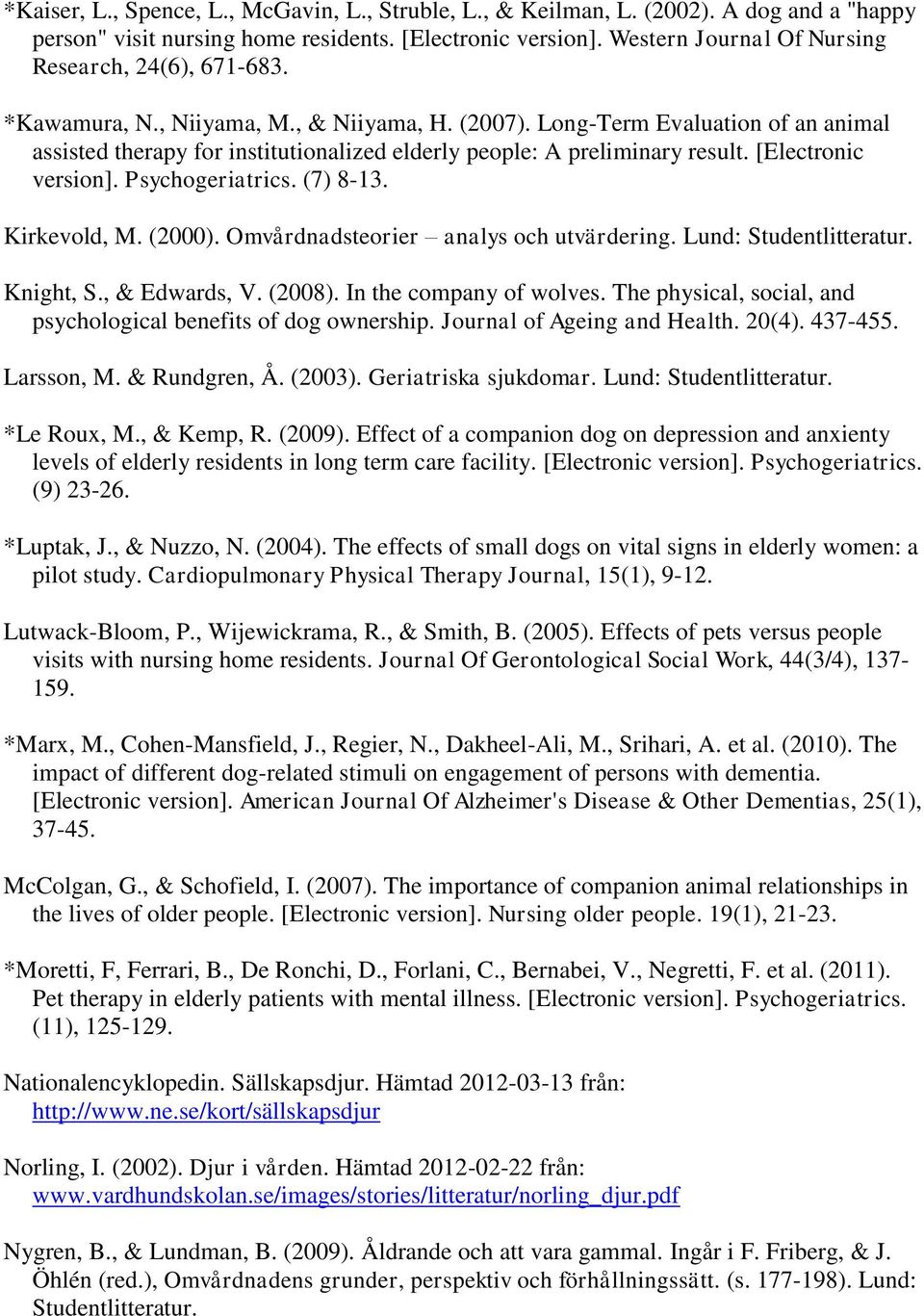 Long-Term Evaluation of an animal assisted therapy for institutionalized elderly people: A preliminary result. [Electronic version]. Psychogeriatrics. (7) 8-13. Kirkevold, M. (2000).