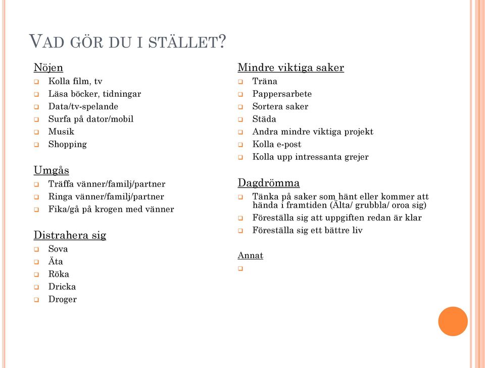 vänner/familj/partner Fika/gå på krogen med vänner Distrahera sig Sova Äta Röka Dricka Droger Mindre viktiga saker Träna Pappersarbete