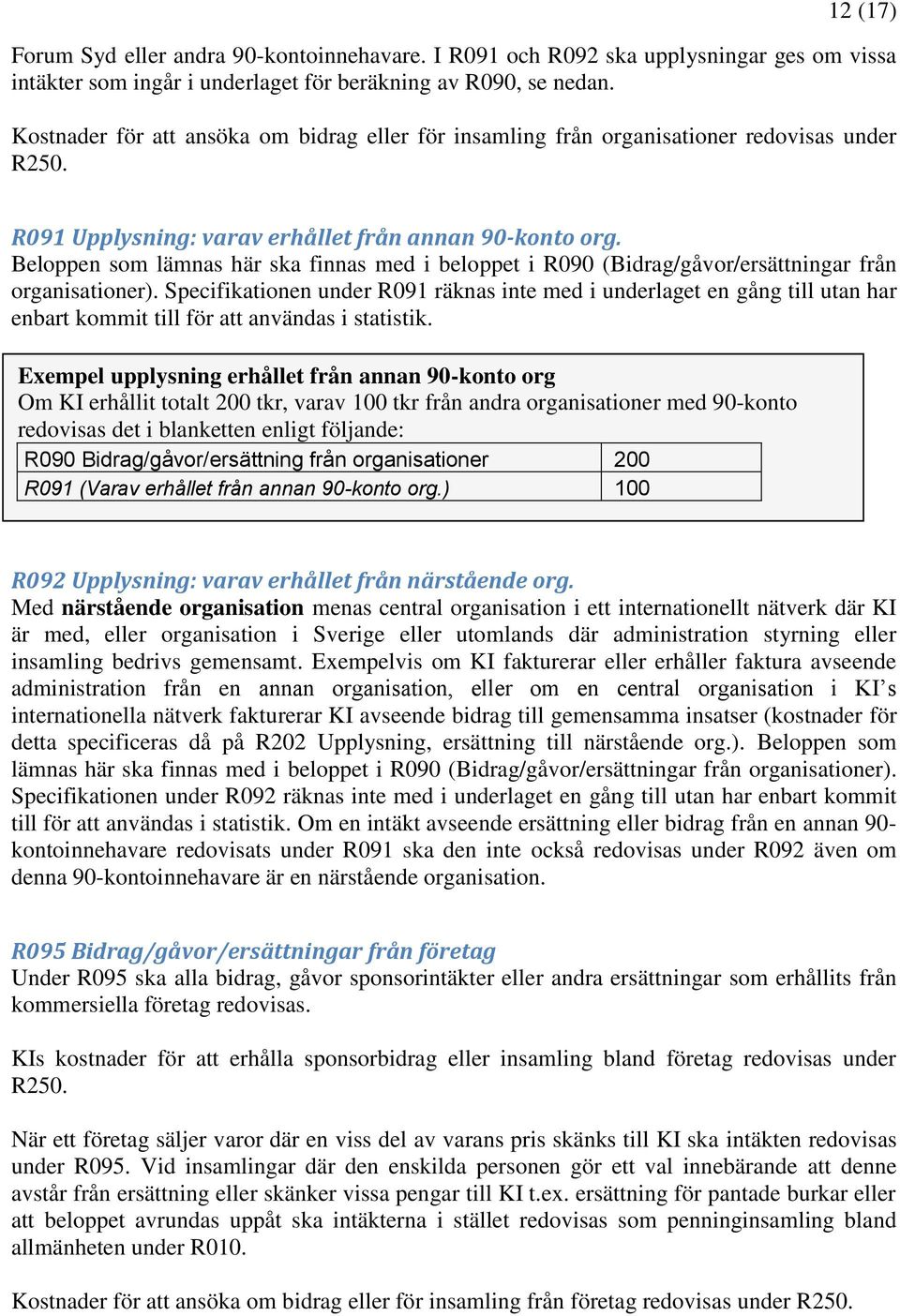 Beloppen som lämnas här ska finnas med i beloppet i R090 (Bidrag/gåvor/ersättningar från organisationer).