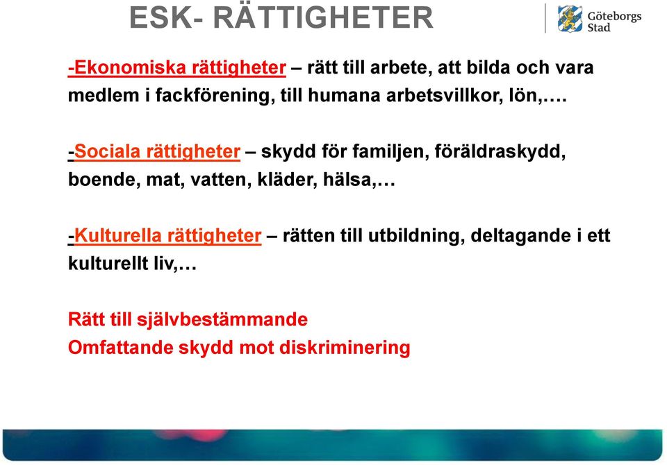 -Sociala rättigheter skydd för familjen, föräldraskydd, boende, mat, vatten, kläder, hälsa,