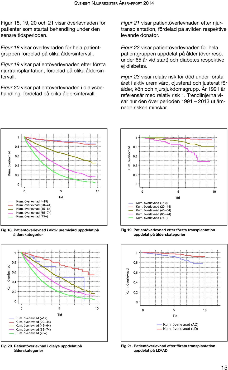 Figur 2 visar patientöverlevnaden i dialysbehandling, fördelad på olika åldersintervall. Figur 21 visar patientöverlevnaden efter njurtransplantation, fördelad på avliden respektive levande donator.