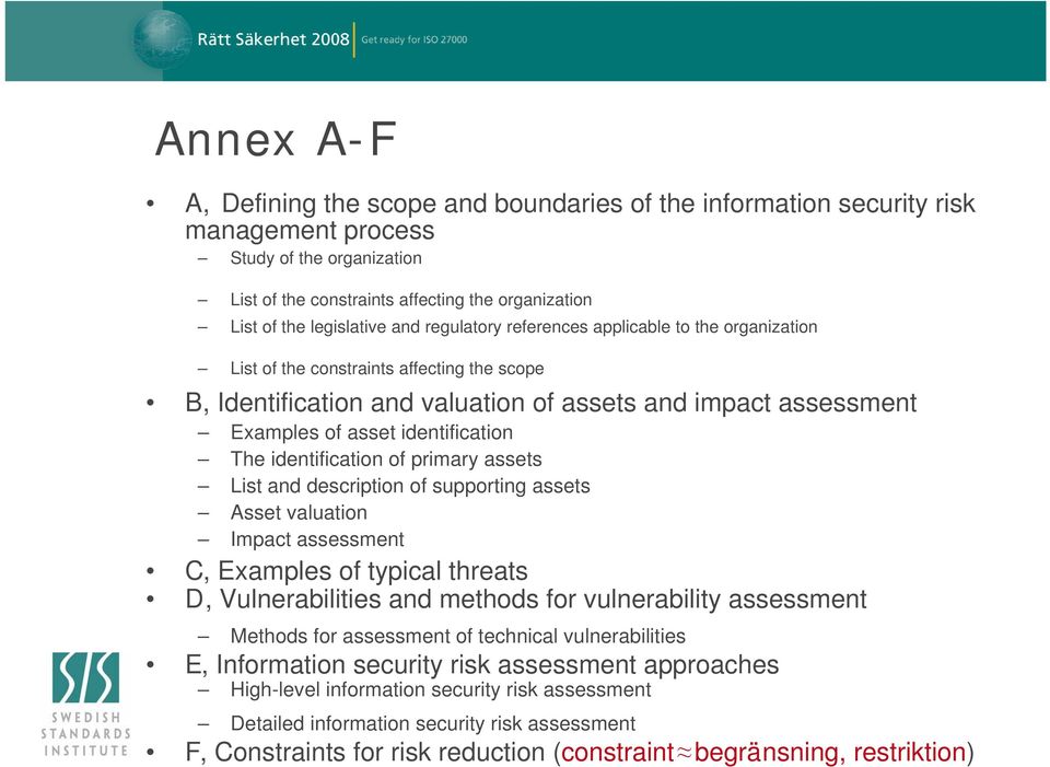 The identification of primary assets List and description of supporting assets Asset valuation Impact assessment C, Examples of typical threats D, Vulnerabilities and methods for vulnerability