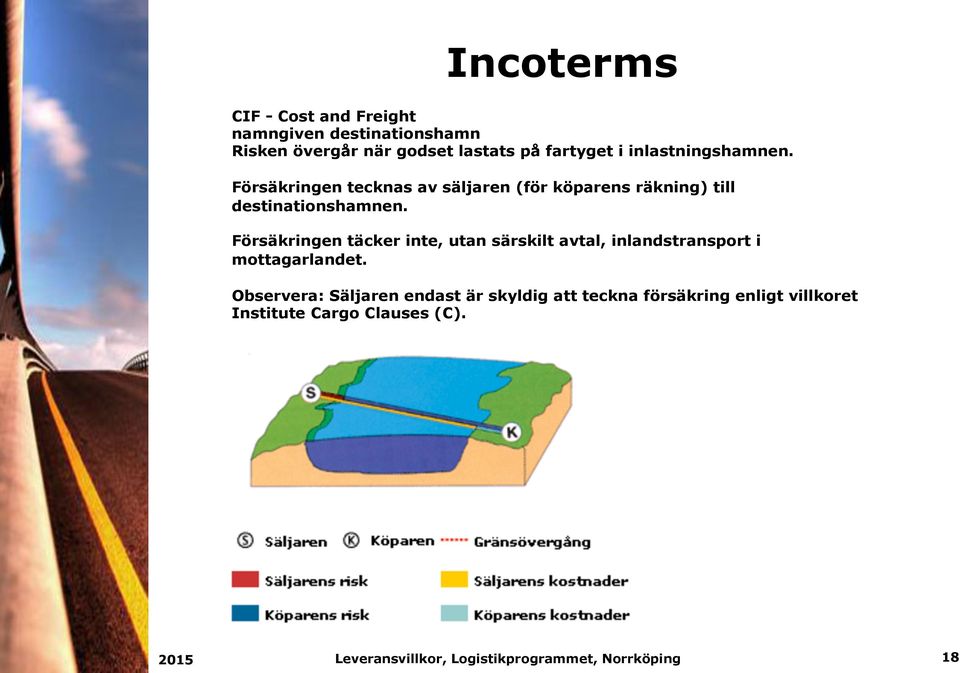 Försäkringen tecknas av säljaren (för köparens räkning) till destinationshamnen.