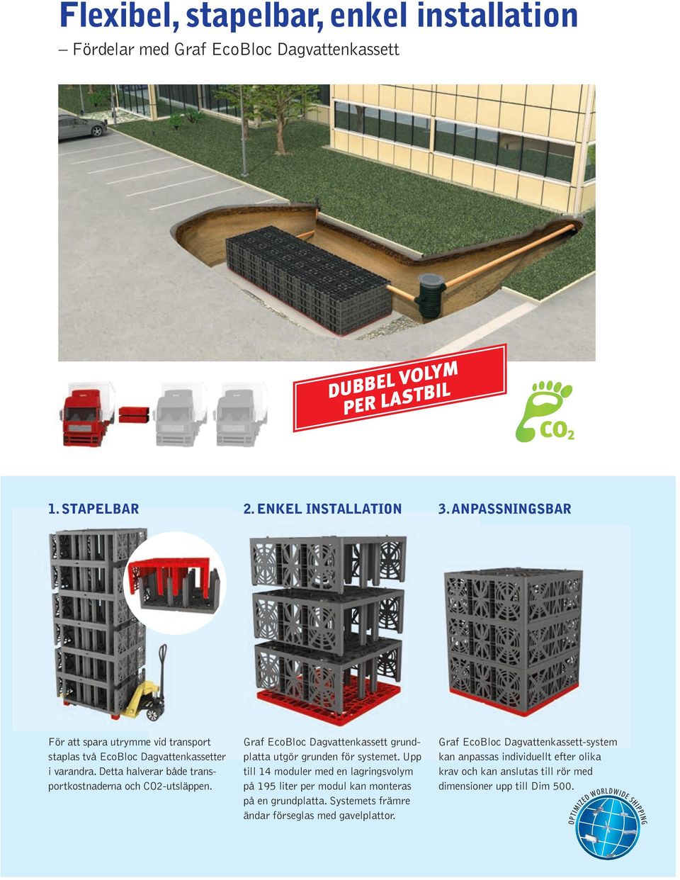 Graf EcoBloc Dagvattenkassett grundplatta utgör grunden för systemet. Upp till 14 moduler med en lagringsvolym på 195 liter per modul kan monteras på en grundplatta.