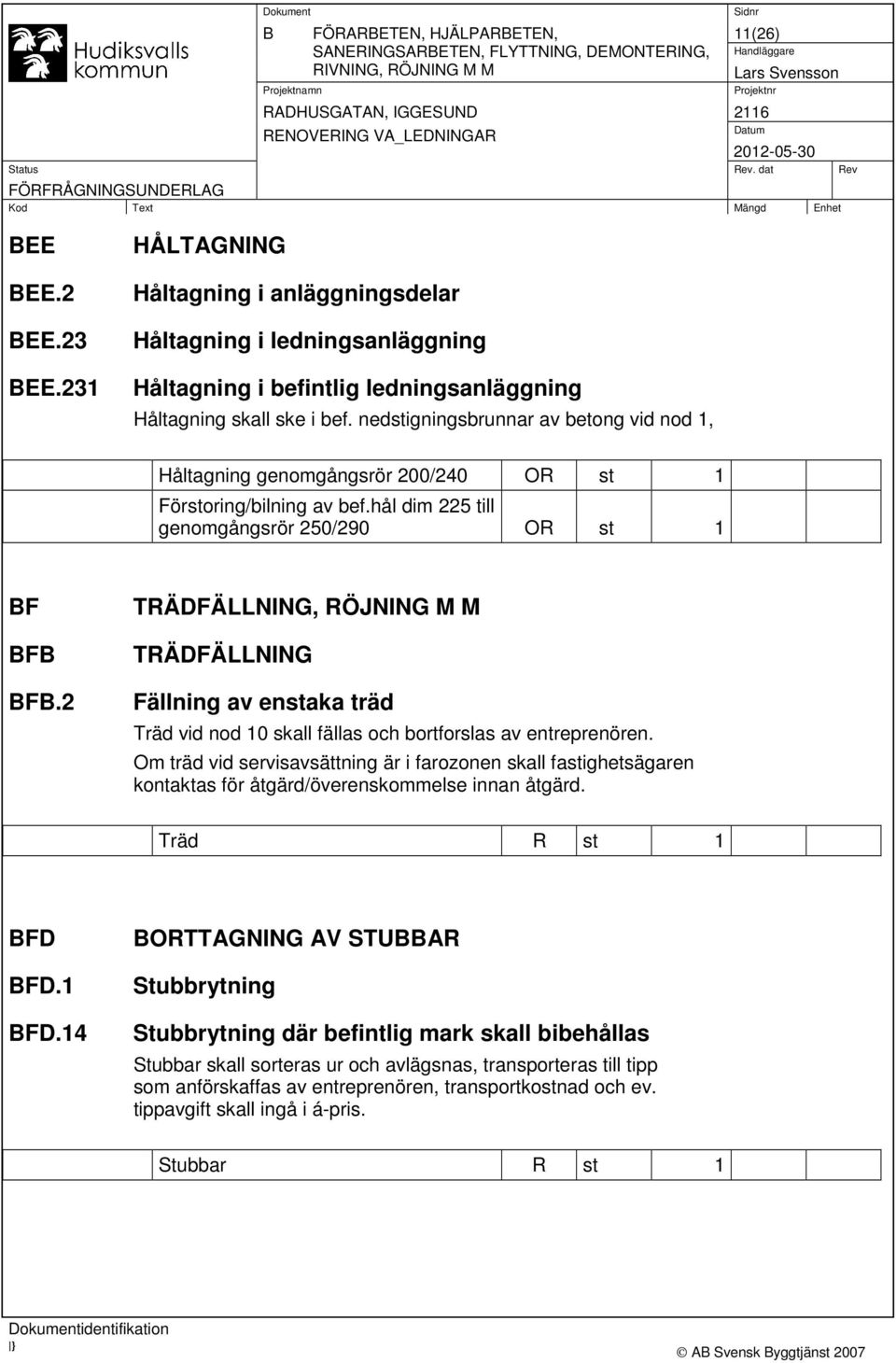 nedstigningsbrunnar av betong vid nod 1, Håltagning genomgångsrör 200/240 OR st 1 Förstoring/bilning av bef.hål dim 225 till genomgångsrör 250/290 OR st 1 BF BFB BFB.