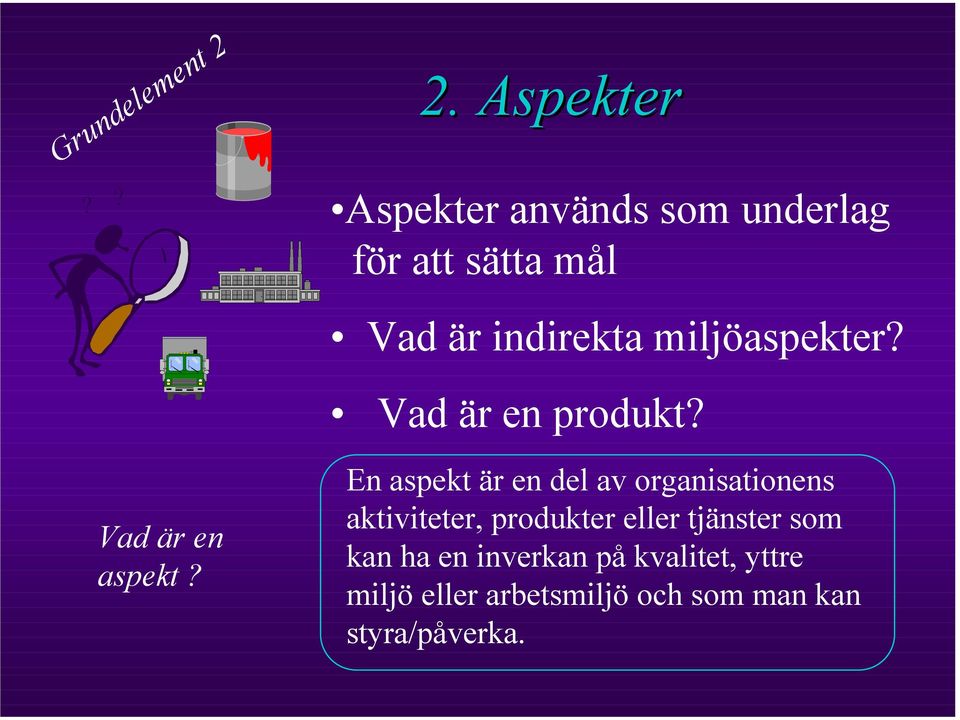 miljöaspekter? Vad är en produkt? Vad är en aspekt?